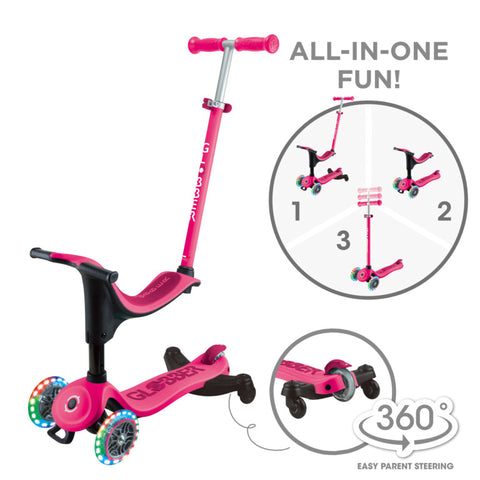 Globber GO•UP Sporty Lights 360 Scooter With Seat Fuschia 1-7 Years