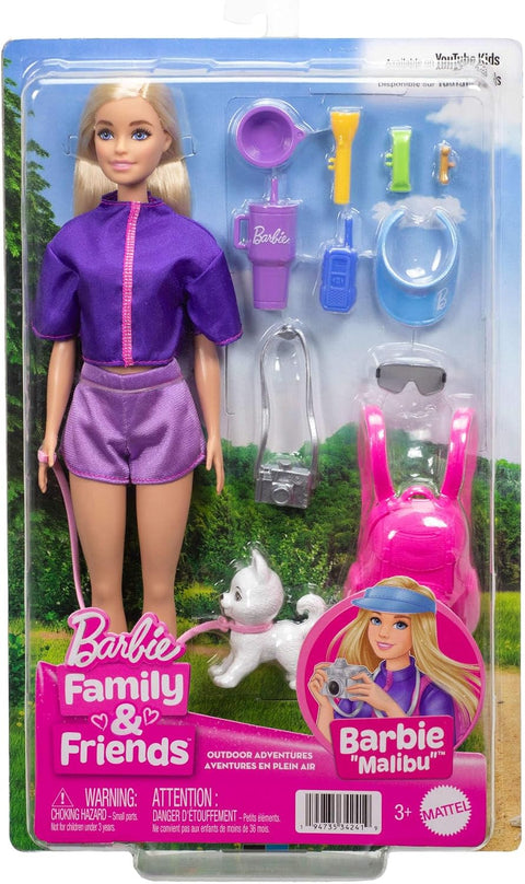 Barbie Malibu Outdoor Adventures Fashion Doll With 10+ Camping-Themed Accessories Including Pet JJV59