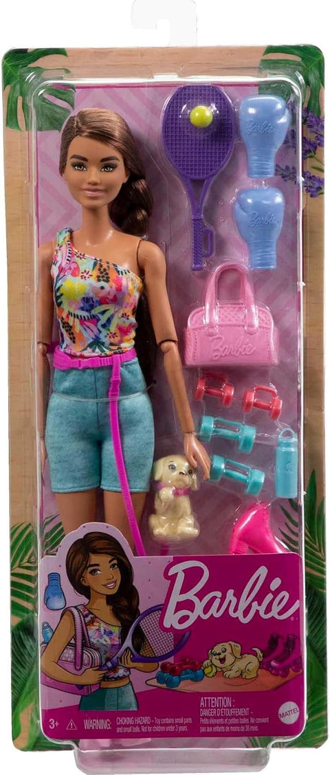 Barbie Self-Care Workout Outfit Roller Skates and Tennis with Puppy HKT91