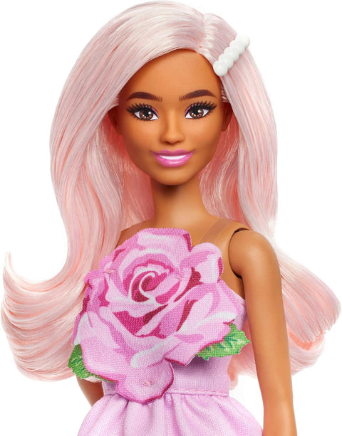 Barbie Fashionistas Doll #238 in Strapless Rose Dress, Pink Hair With Barrette Accessory HYT94