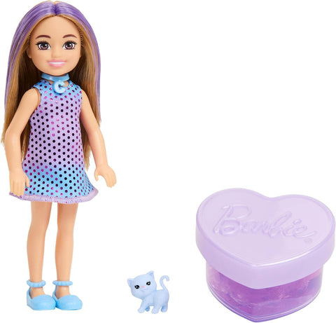 Barbie Party Unboxed Chelsea Doll Set, Glam Party Series with 6 Surprises Including Pet & Color Change JFY04
