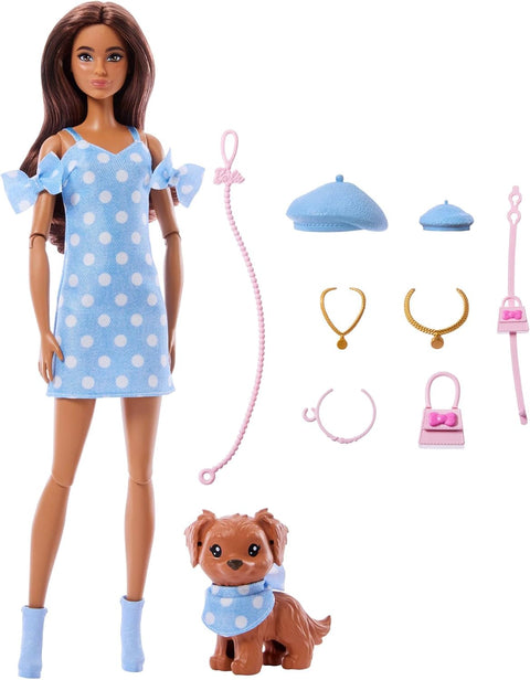 Barbie Twinning Looks Fashion Doll With Pet Dog, Matching Blue Clothes & Accessories, Brunette JFP38