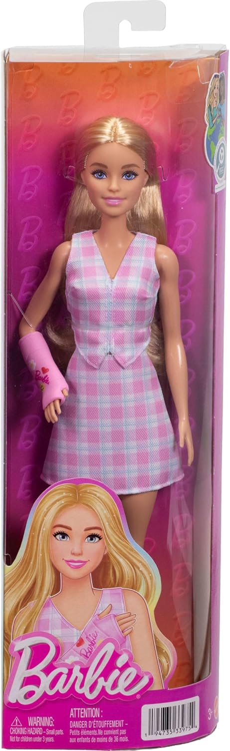 Barbie Fashionistas Doll #243 With Pink Arm Cast And Plaid Top And Skirt, Blonde JJN56