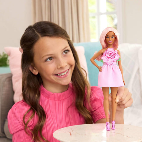 Barbie Fashionistas Doll #238 in Strapless Rose Dress, Pink Hair With Barrette Accessory HYT94