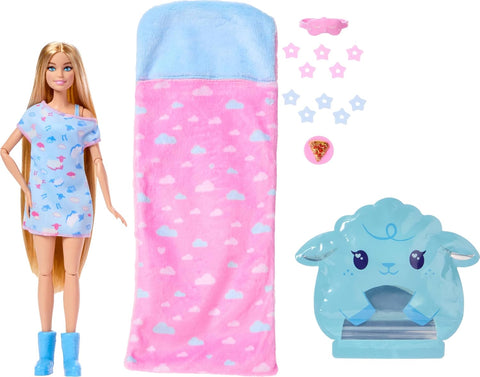 Barbie Party Unboxed Sleepover Reveal Series Blue Pajama Doll & Accessories With 7 Surprises JMR88