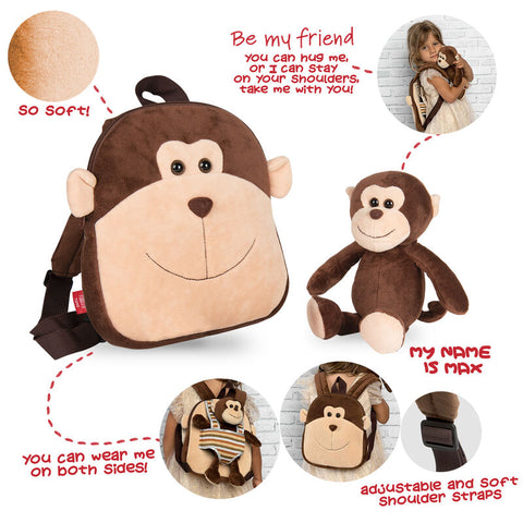 Max Monkey Reversible Backpack With Plush Toy 25cm