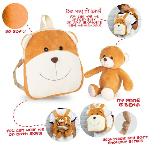 Perletti Benji Bear Reversible Backpack With Plush Toy 25cm