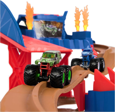 Monster Jam Supercharge Speedway Playset Megalodon and El Toro Loco Die-Cast Monster Trucks Light Up World Finals Track