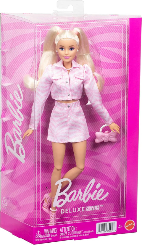 Barbie Deluxe Style Fashion Doll #9 in Matching Pink Denim Jacket & Skirt Set, Blonde JJN69