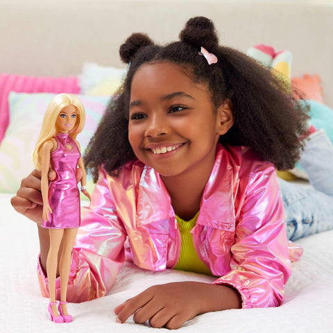 Barbie Fashionistas Doll #230 in Metallic Pink Minidress With Heart Cut-Out, Blond Hair HYT88