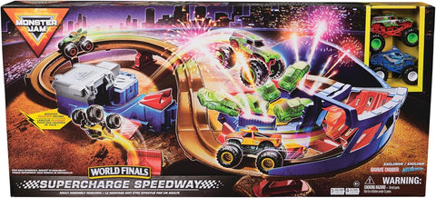 Monster Jam Supercharge Speedway Playset Megalodon and El Toro Loco Die-Cast Monster Trucks Light Up World Finals Track