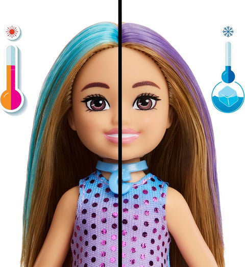 Barbie Party Unboxed Chelsea Doll Set, Glam Party Series with 6 Surprises Including Pet & Color Change JFY04