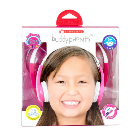 BuddyPhones Explore Super Durable Foldable Wired Kids Headphones with Stickers Pink