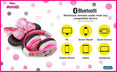 KIDDESIGNS Minnie Mouse Youth Wireless Headphones With Bow