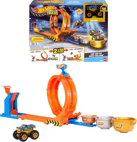 Hot Wheels Monster Trucks Loop-And-Flip Trophy Challenge Playset & Die-Cast Bigfoot Toy Truck