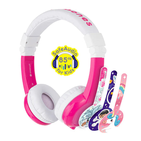 BuddyPhones Explore Super Durable Foldable Wired Kids Headphones with Stickers Pink