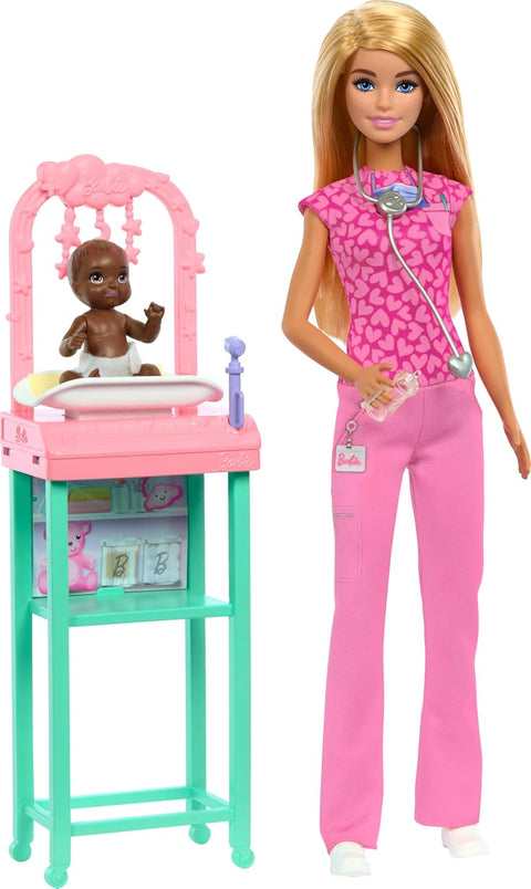 Barbie Baby Doctor Doll With Blonde Fashion Doll, 1 Baby Doll, Furniture & Accessories