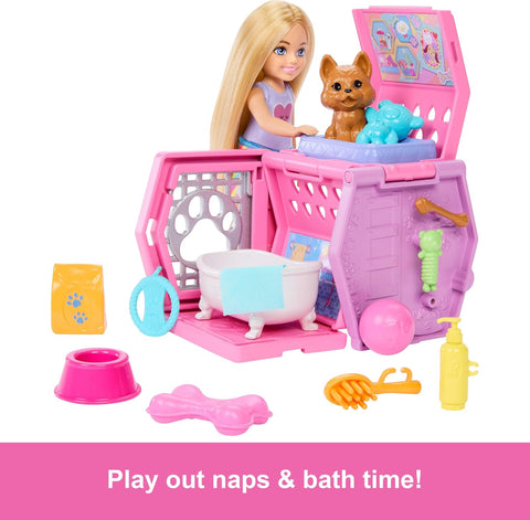 Barbie Chelsea Puppy Carrier Playset, Small Doll And Dog Carrier With Puppy Accessories