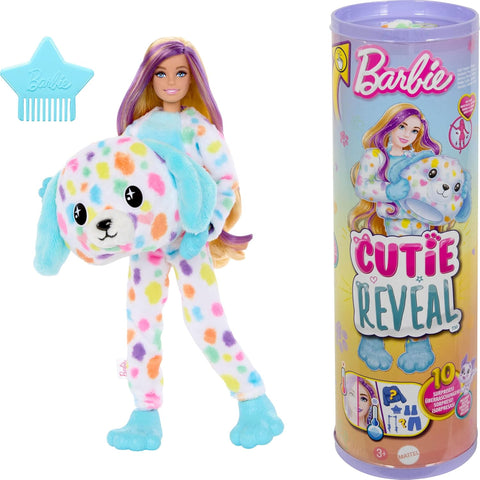 Barbie Cutie Reveal Doll & Accessories with Rainbow Dalmatian Plush Costume & 10 Surprises