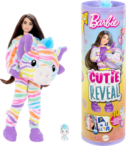 Barbie Cutie Reveal Doll & Accessories with Rainbow Zebra Plush Costume & 10 Surprises HRK37