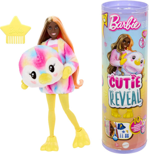 Barbie Cutie Reveal Doll & Accessories with Tie-Dyed Penguin Plush Costume & 10 Surprises