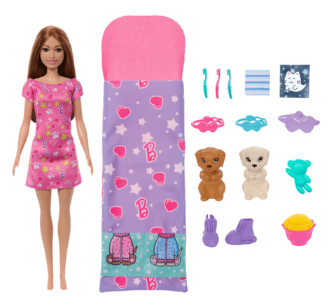 Barbie Doll & Puppy Slumber Party Playset With 2 Toy Dog Figures & 10+ Accessories