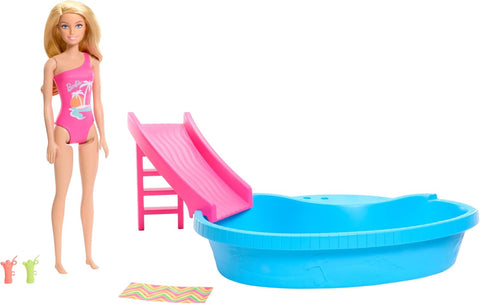 Barbie Doll And Pool Playset, Blonde With Pool, Slide, Towel And Drink Accessories