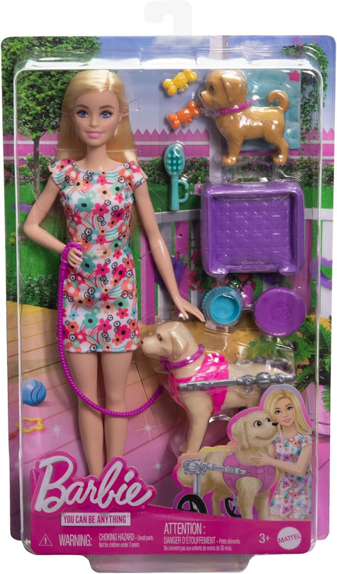 Barbie Doll With A Toy Pup And Dog In A Wheelchair, Plus Pet Accessories