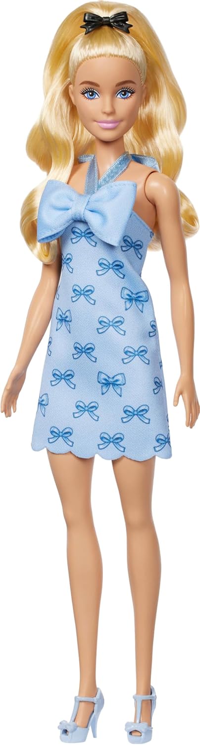 Barbie Fashionistas Doll #237 in Blue Bow Halter Dress, Blonde Ponytail With Bow Accessory