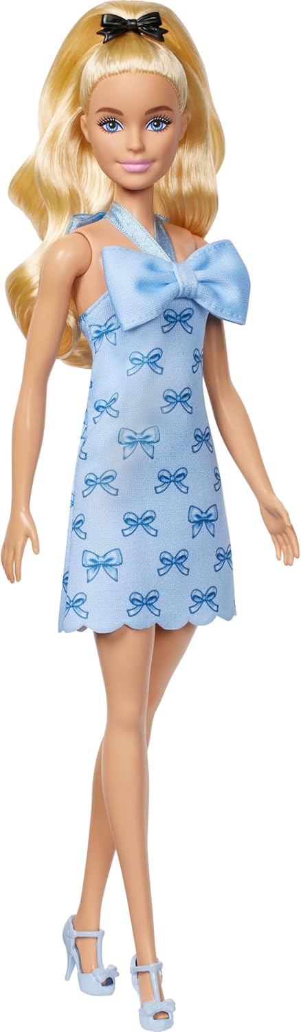 Barbie Fashionistas Doll #237 in Blue Bow Halter Dress, Blonde Ponytail With Bow Accessory