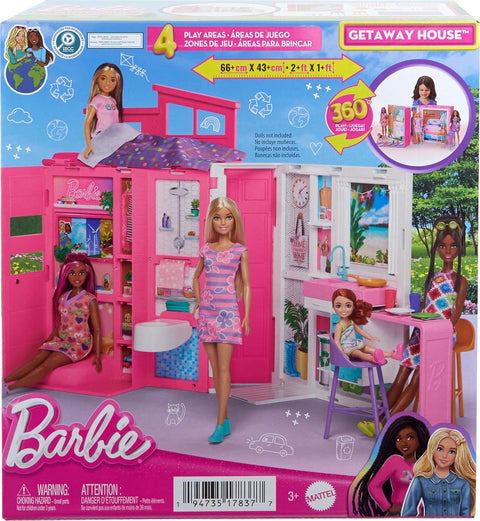 Barbie Getaway House, Doll House Playset With 4 Play Areas And 11 Decor Accessories