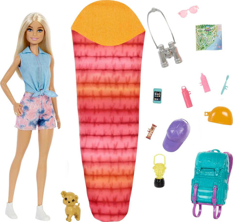 Barbie “Malibu” Camping Doll with Pet Puppy and 10+ Accessories
