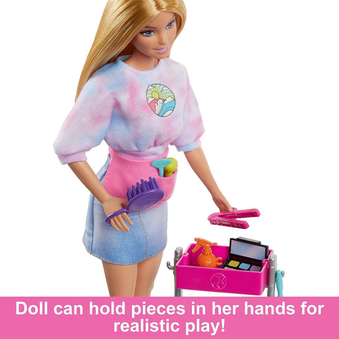 Barbie “Malibu” Stylist Doll & 14 Accessories Playset, Hair & Makeup Theme With Puppy & Styling Cart