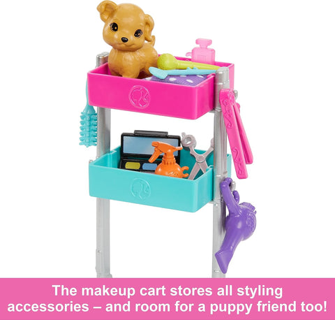 Barbie “Malibu” Stylist Doll & 14 Accessories Playset, Hair & Makeup Theme With Puppy & Styling Cart