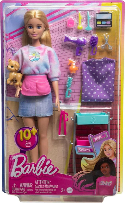 Barbie “Malibu” Stylist Doll & 14 Accessories Playset, Hair & Makeup Theme With Puppy & Styling Cart