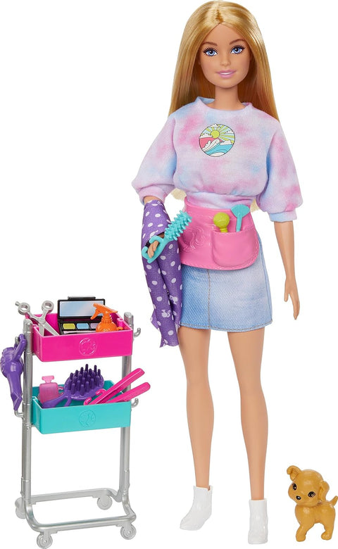 Barbie “Malibu” Stylist Doll & 14 Accessories Playset, Hair & Makeup Theme With Puppy & Styling Cart