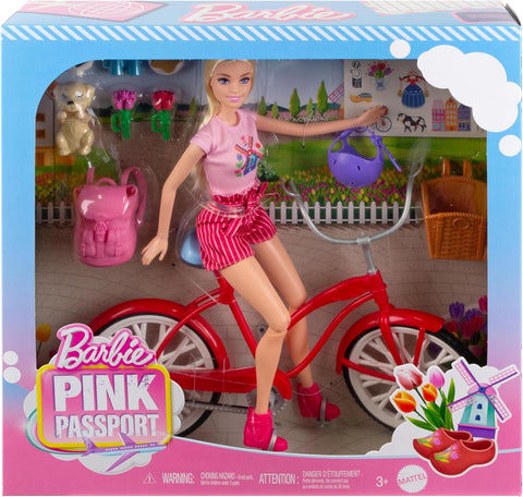 Barbie Pink Passport Holland Doll Set With Bicycle, Clothes, & Travel Accessories