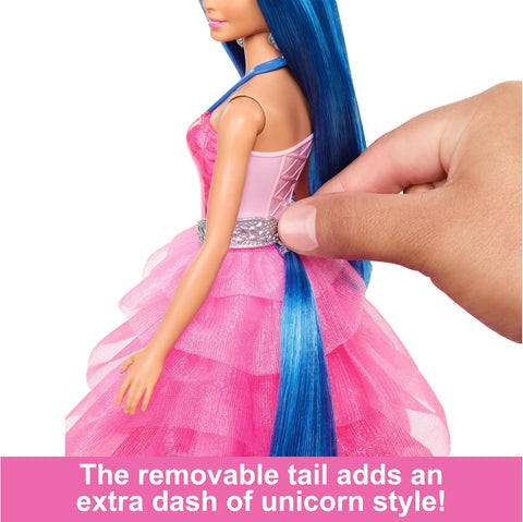 Barbie Unicorn Toy, 65th Anniversary Doll With Blue Hair, Pink Gown & Pet Alicorn