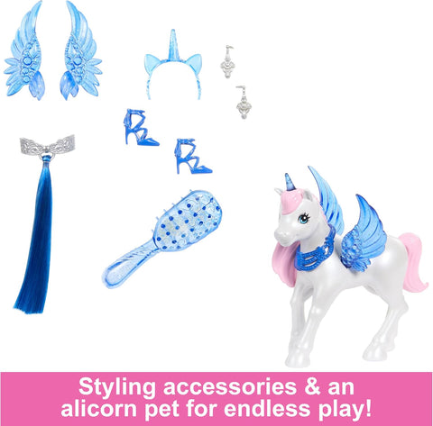 Barbie Unicorn Toy, 65th Anniversary Doll With Blue Hair, Pink Gown & Pet Alicorn