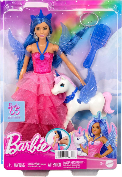 Barbie Unicorn Toy, 65th Anniversary Doll With Blue Hair, Pink Gown & Pet Alicorn