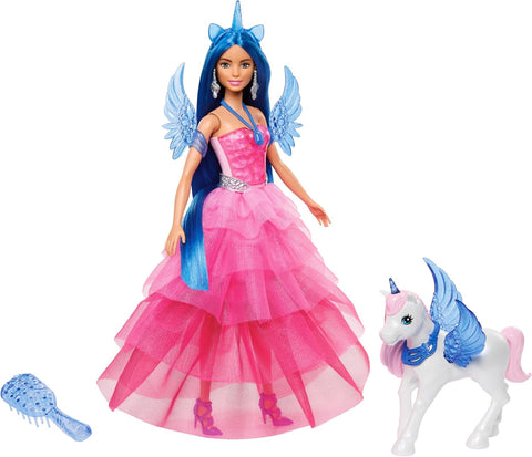 Barbie Unicorn Toy, 65th Anniversary Doll With Blue Hair, Pink Gown & Pet Alicorn