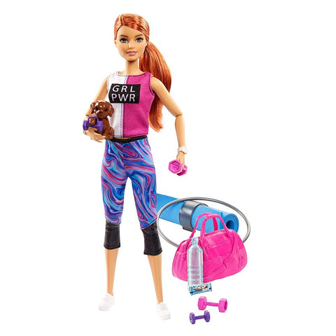 Barbie Wellness Fitness Doll, Gym Doll Red-Haired With Puppy