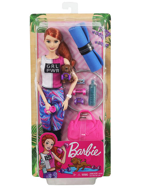 Barbie Wellness Fitness Doll, Gym Doll Red-Haired With Puppy