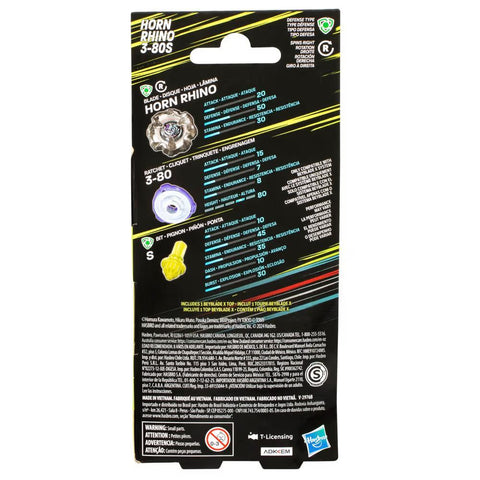 Beyblade X Horn Rhino 3-80S Booster Pack Set with Defense Type top