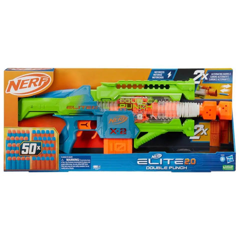 Nerf Elite 2.0 Double Punch Dart Blaster, 50 Nerf Elite Darts, 2x 10-Dart Clips